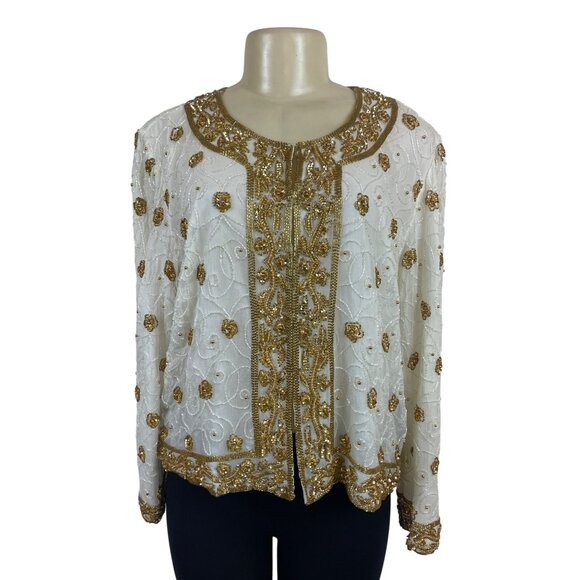 Mark & John Vintage White & Gold Sequined Beaded Jacket With Floral Design Sz XL - Picture 2 of 12